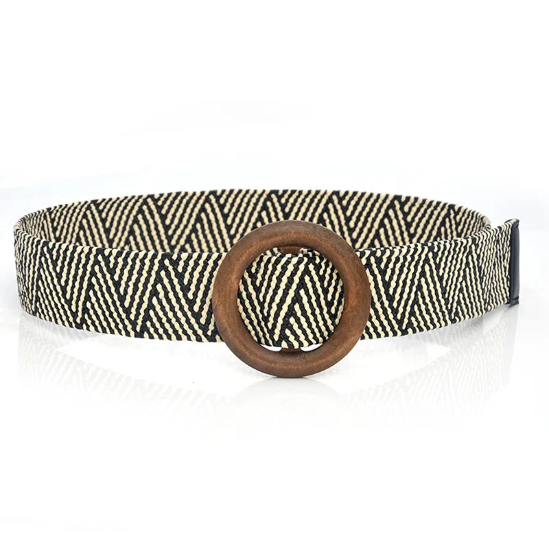 Hot Sale Vintage Boho Braided Waist Belt Summer Female Belt Round Square Leopard Wooden Buckle Fake Straw Wide Belts For Women