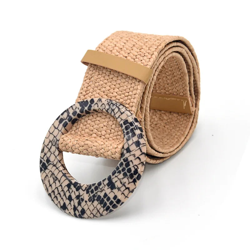 Hot Sale Vintage Boho Braided Waist Belt Summer Female Belt Round Square Leopard Wooden Buckle Fake Straw Wide Belts For Women