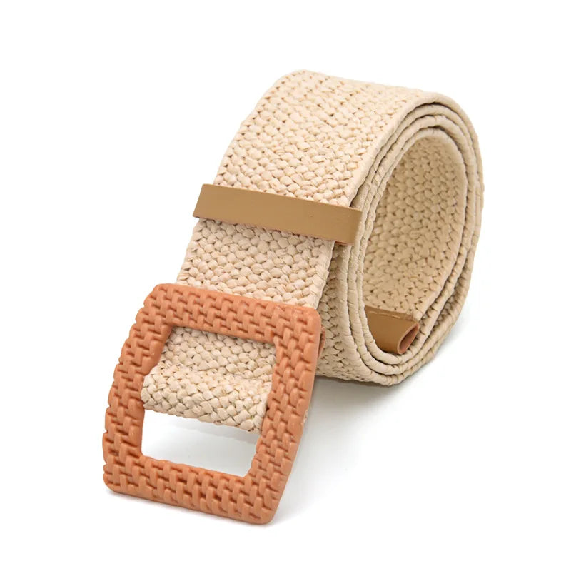 Hot Sale Vintage Boho Braided Waist Belt Summer Female Belt Round Square Leopard Wooden Buckle Fake Straw Wide Belts For Women