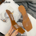 Eilyken Summer PVC Transparent Women Slipper Designer Crystal Heels Beach Sandals Square Toe Slides Shoes