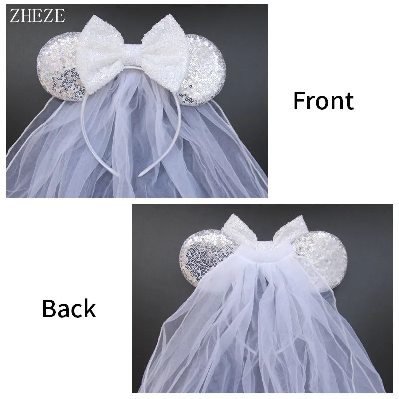 White Day Mouse Ears Headband With Veil Sequins 5"Bow Headwear For Women Festival Hairband Single Party DIY Hair Accessories