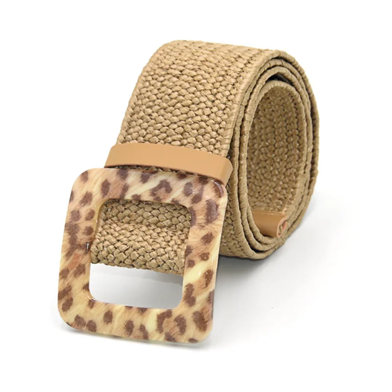 Hot Sale Vintage Boho Braided Waist Belt Summer Female Belt Round Square Leopard Wooden Buckle Fake Straw Wide Belts For Women