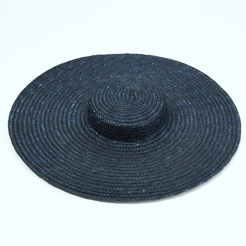 15cm Wide Brim Straw Hat Flat Top Summer Beach Hats for Women Ribbon Boater Hat Sun Hat Gray Black Red Pink Blue With Chin Strap