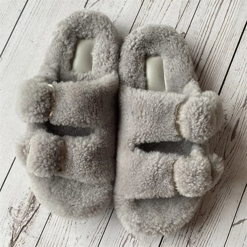 Cute Fluffy House Slippers For Woman Real Lamb Wool Slides Luxury Winter Warm Flip Flops Comfortable Plush Women's Mules Shoes