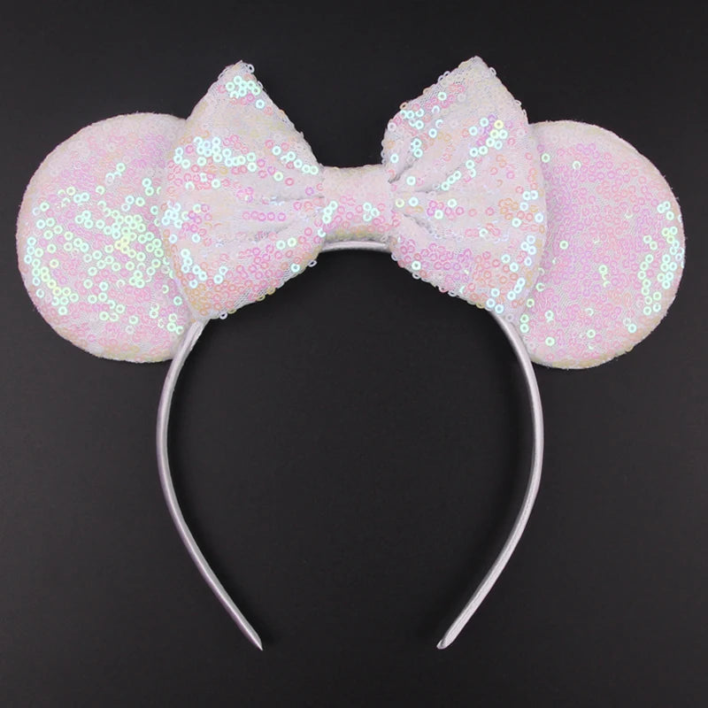White Day Mouse Ears Headband With Veil Sequins 5"Bow Headwear For Women Festival Hairband Single Party DIY Hair Accessories