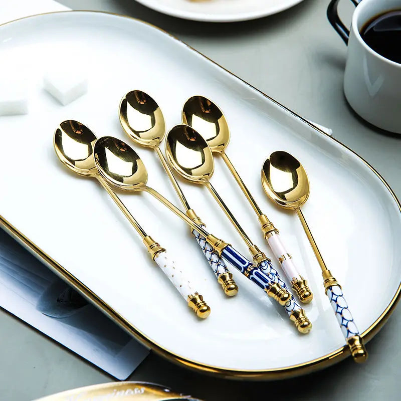 Stainless Steel Dessert Spoon Ceramic Long Handle Icecream Spoon Teaspoon Gold Coffee Cake Fruit Milk Spoon Kitchen Tableware