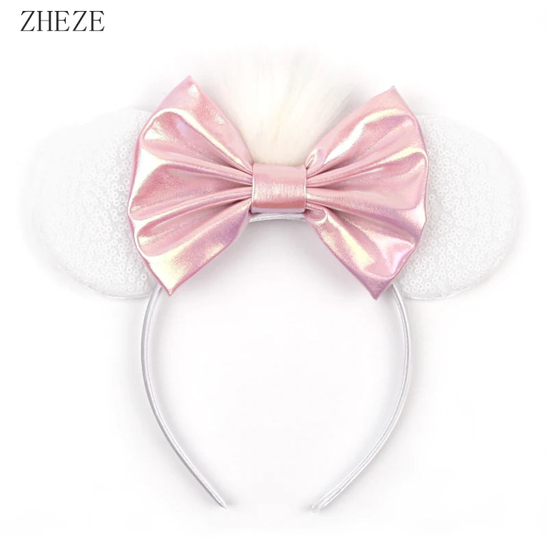White Day Mouse Ears Headband With Veil Sequins 5"Bow Headwear For Women Festival Hairband Single Party DIY Hair Accessories