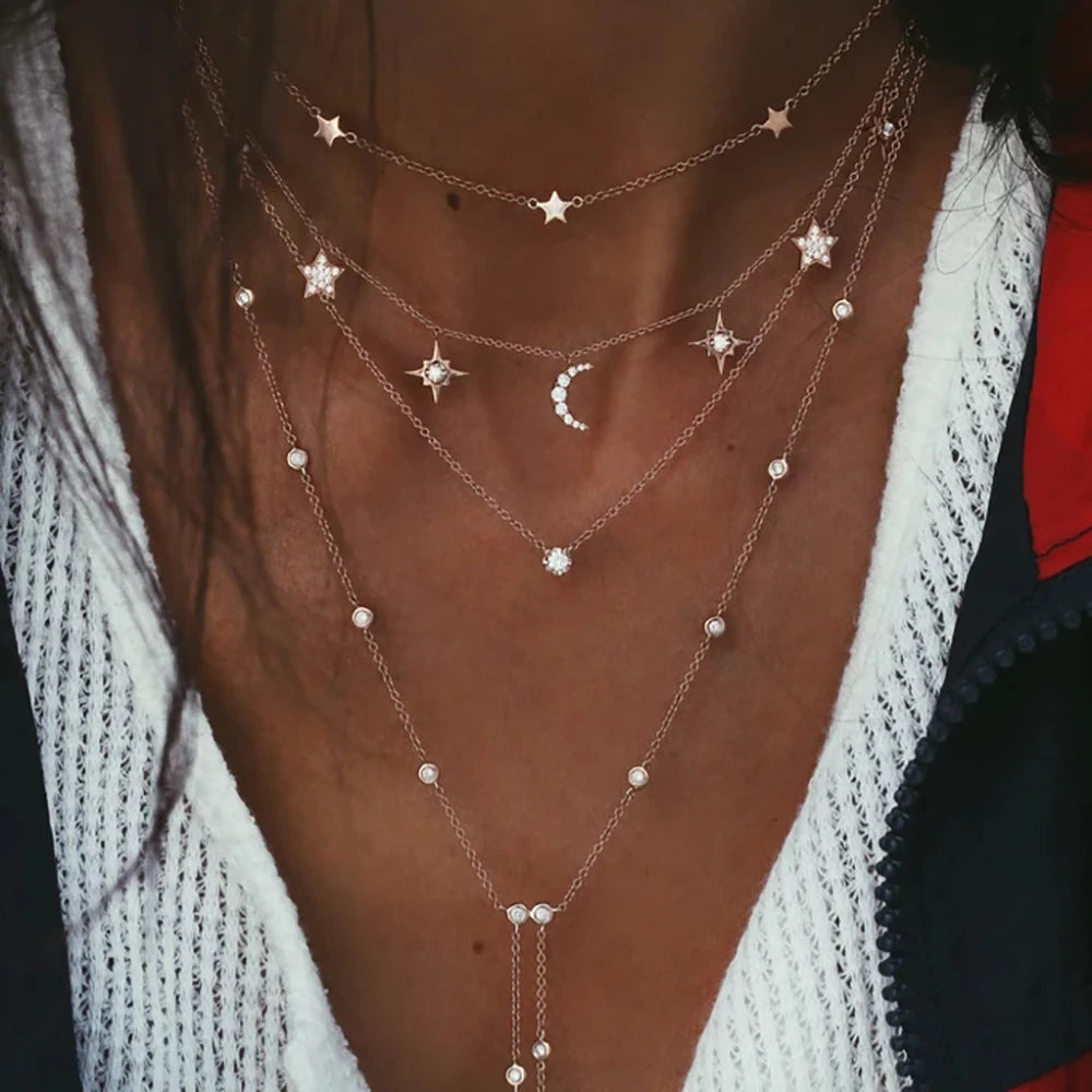 New Vintage Crystal Geometry Star Moon Lock Necklace For Women 2020 Boho Multi-level Pendants Necklaces Chokers Jewelry Gift
