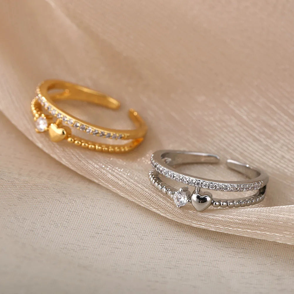 Double Layer Heart Zircon Rings For Women Stainless Steel Crystal Finger Ring 2026 Trend Wedding Jewelry Couple Gift anillos