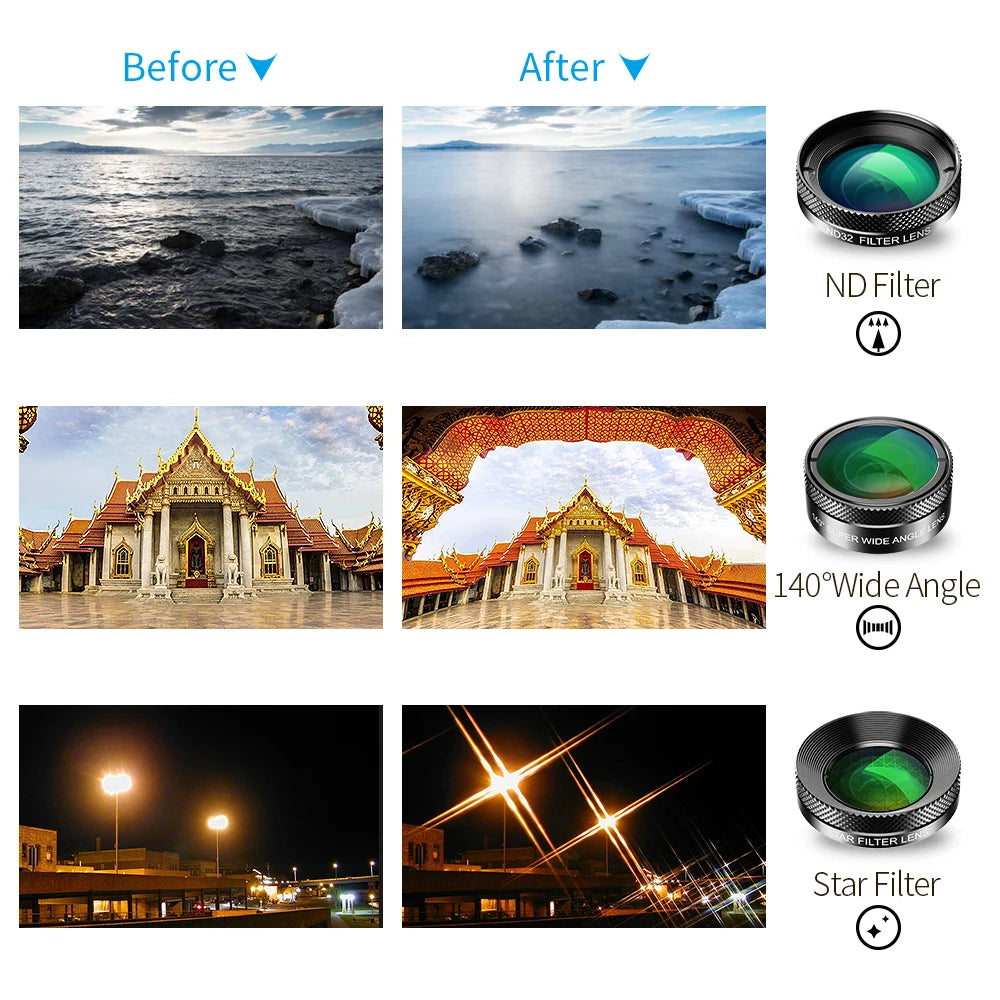 APEXEL 11 in 1 Phone Camera Lens Kit Fisheye Wide Angle Macro Lens CPL ND Filter Kaleidoscope and Telescope Lens for Smartphone