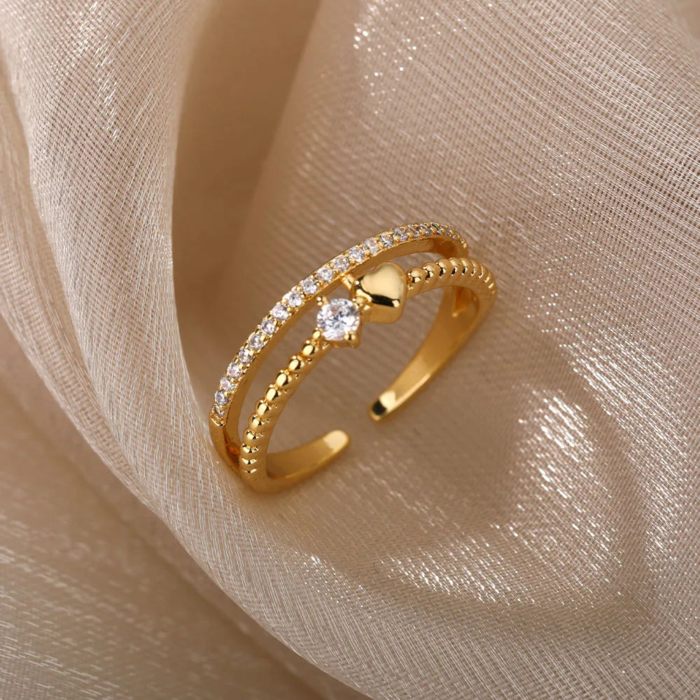 Double Layer Heart Zircon Rings For Women Stainless Steel Crystal Finger Ring 2026 Trend Wedding Jewelry Couple Gift anillos