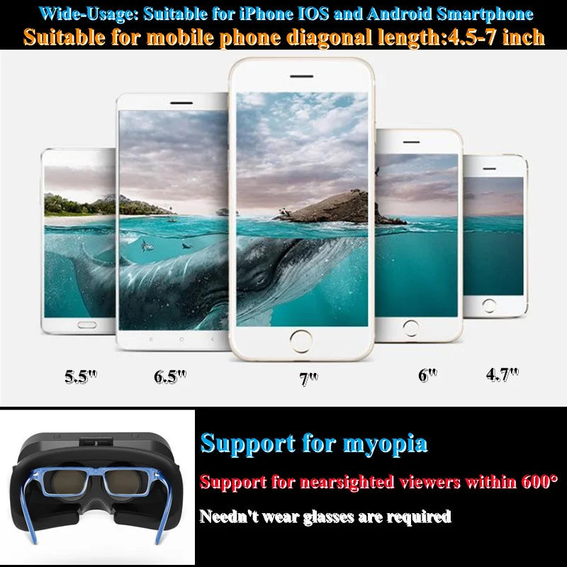 3D Virtual Reality VR Glasses For Phone Mobile Smartphones 7 Inch Headset Helmet Game Wirth Real Viar Goggles Devices Lenses Set