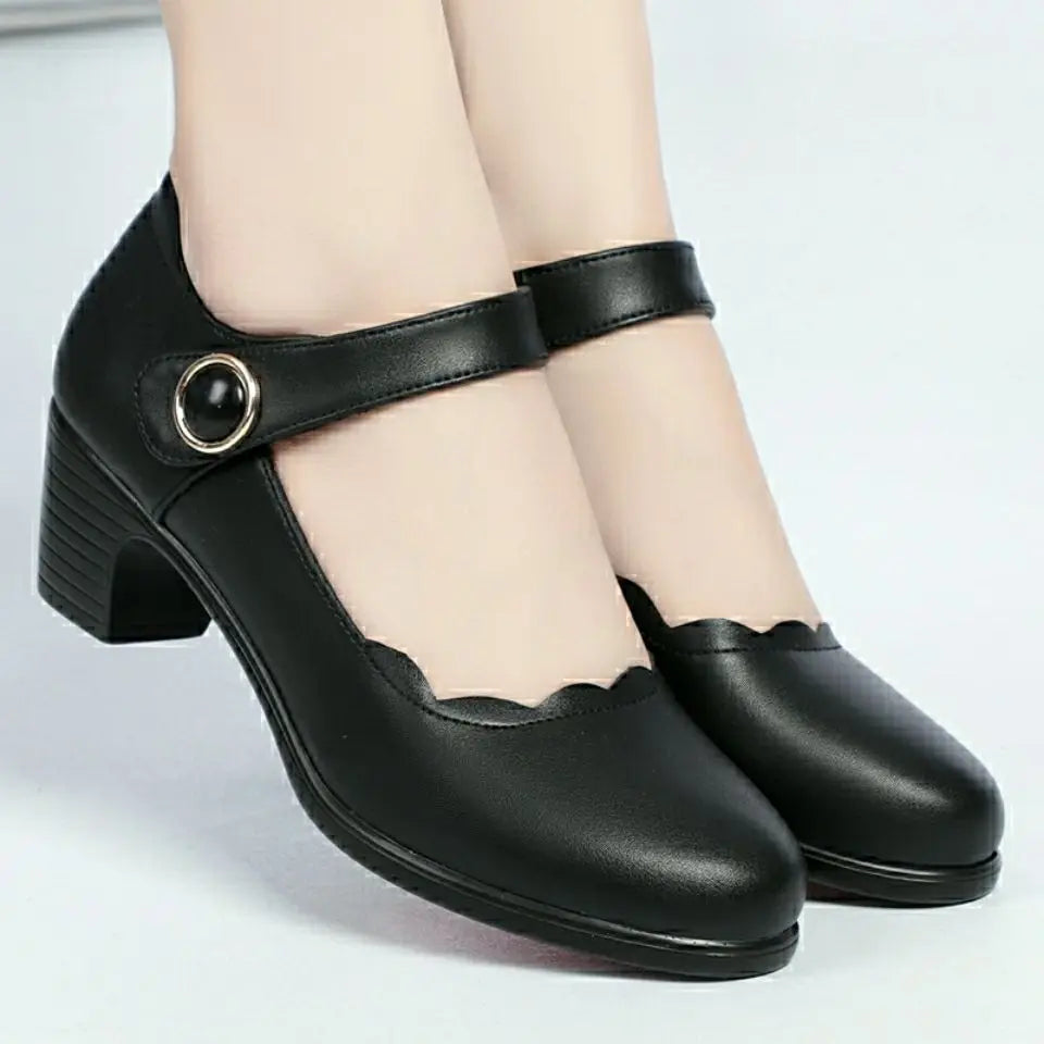 Mujeres Tacones Altos Women Fashion Black Pu Leather Buckle Strap High Quality Office Wine Red Heel Shoes Lady Cool Shoes C10