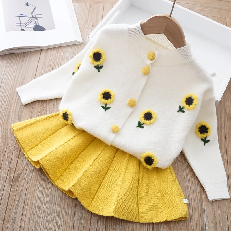 Girls Long Sleeve Knitting Suit 2025 Christmas Autumn Winter New Girls Sweater Cardigan Knitting Top + Skirt Two Piece Set