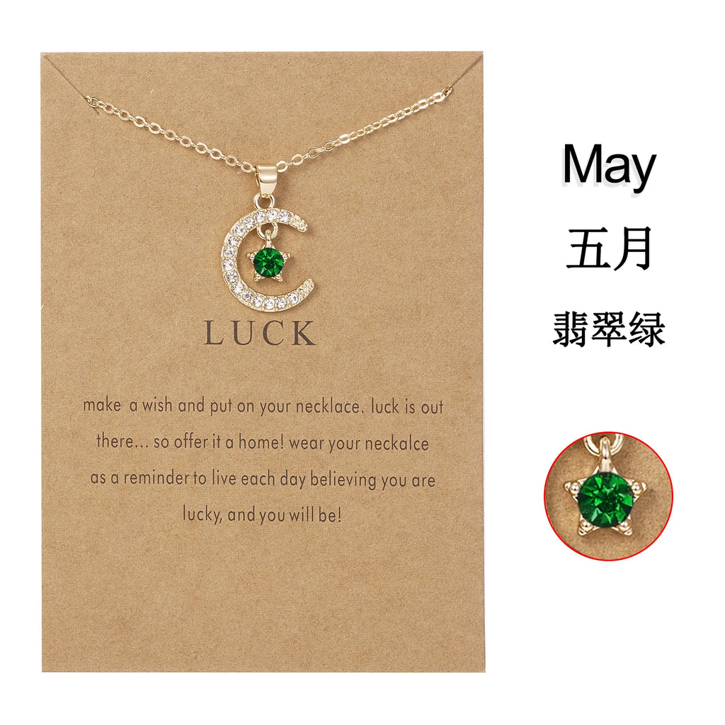 Fashion Personality Birthstone Moon Star Crystal Pendant Necklace for Women Clavicle Chain Choker Birthday Party Jewelry Gift