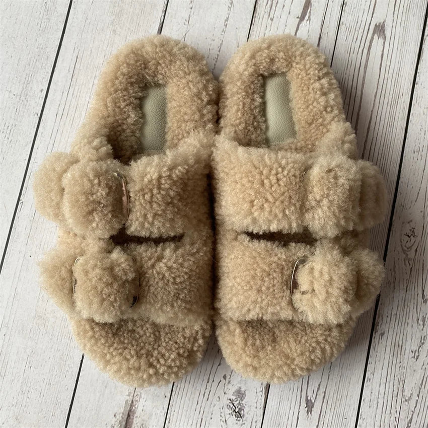 Cute Fluffy House Slippers For Woman Real Lamb Wool Slides Luxury Winter Warm Flip Flops Comfortable Plush Women's Mules Shoes