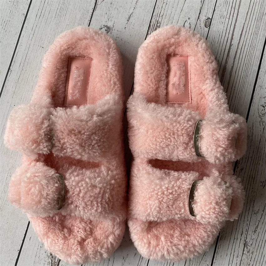 Cute Fluffy House Slippers For Woman Real Lamb Wool Slides Luxury Winter Warm Flip Flops Comfortable Plush Women's Mules Shoes