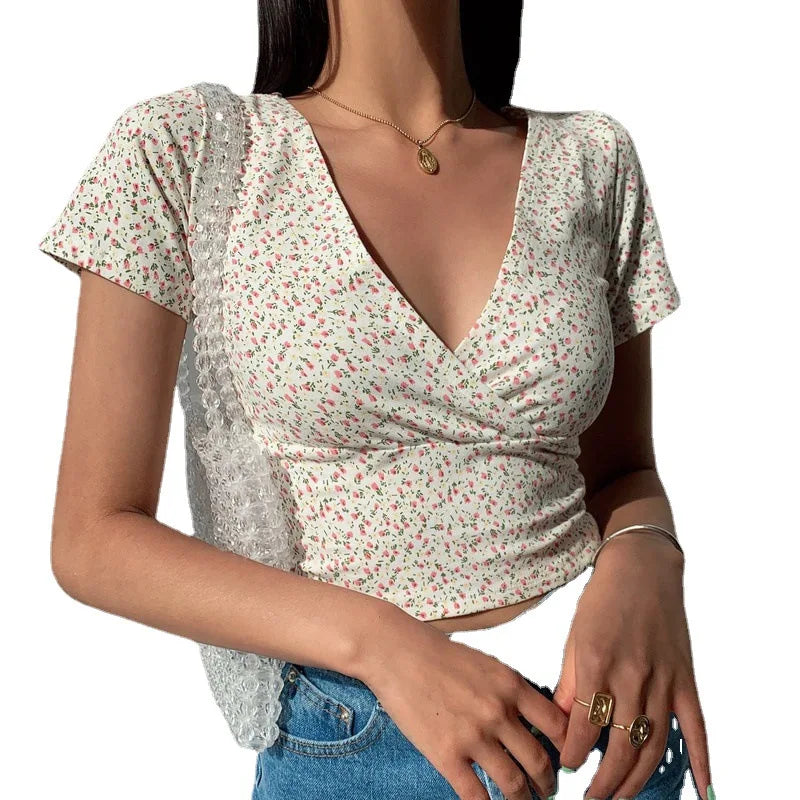 Summer French Retro Floral V-neck Short-sleeved T-shirt Slim Slimming Wild High Waist T-shirt Women's Top