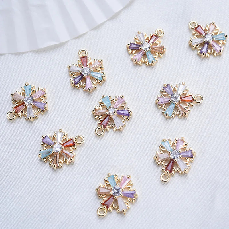 (913)4PCS 13x10MM 24K Gold Color Brass with Zircon Snowflake Charms Pendants Brass With High Quality Diy  Findings Accessories