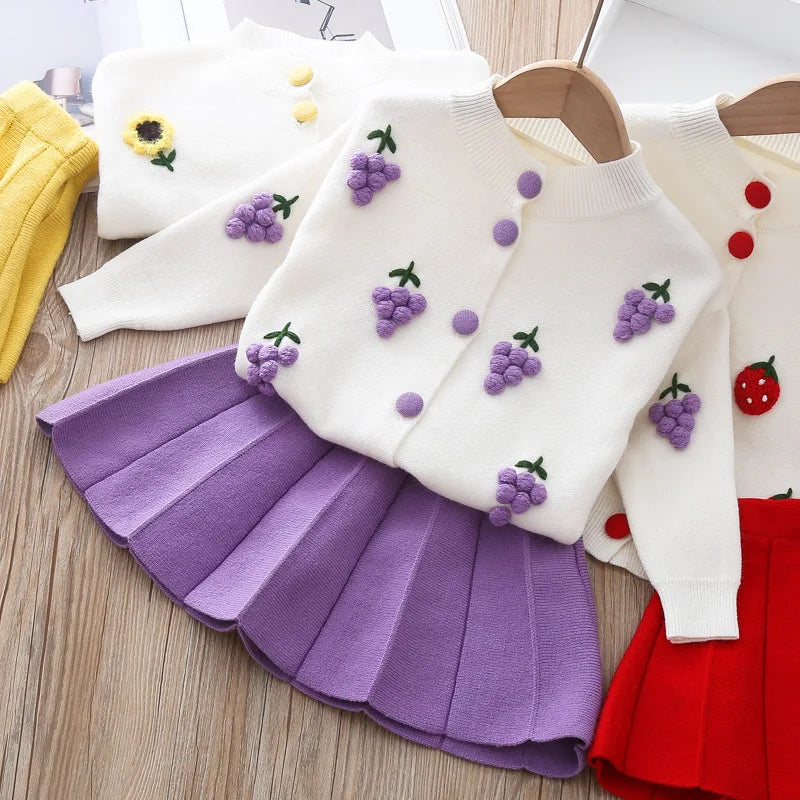 Girls Long Sleeve Knitting Suit 2025 Christmas Autumn Winter New Girls Sweater Cardigan Knitting Top + Skirt Two Piece Set
