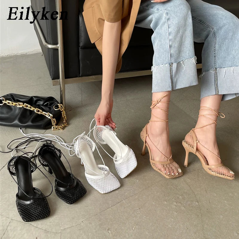 Eilyken Spring Women Pumps Mesh Sandals Shoes Female Square Toe High Heel Lace Up Cross-tied Stiletto Hollow Tacones De Mujer