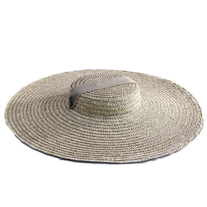 15cm Wide Brim Straw Hat Flat Top Summer Beach Hats for Women Ribbon Boater Hat Sun Hat Gray Black Red Pink Blue With Chin Strap