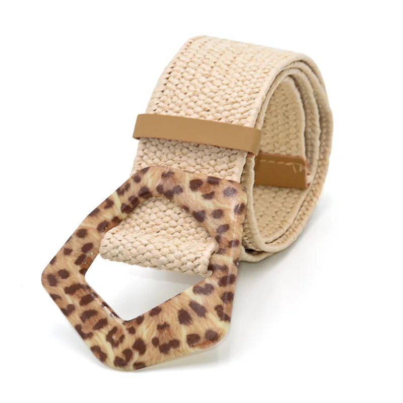 Hot Sale Vintage Boho Braided Waist Belt Summer Female Belt Round Square Leopard Wooden Buckle Fake Straw Wide Belts For Women