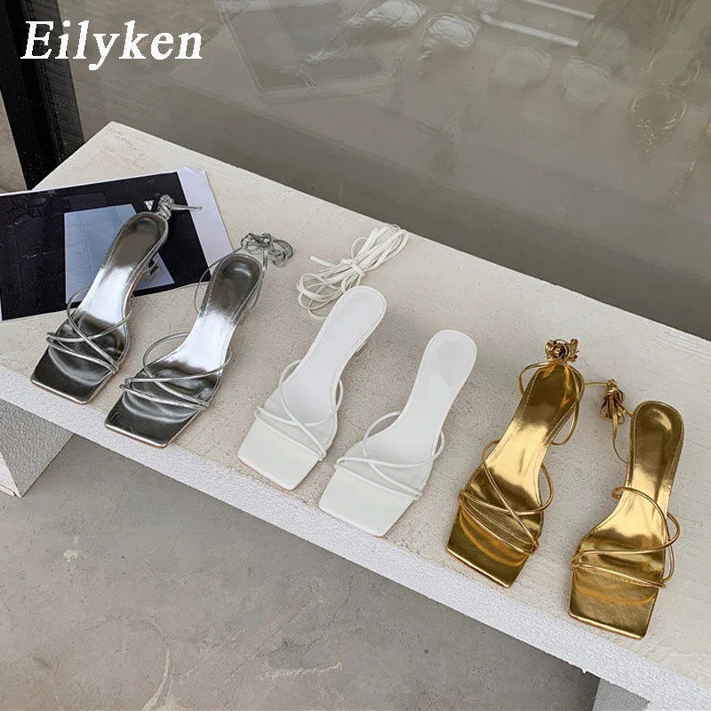 Eilyken Summer Fashion Silver Narrow Band Women Sandals Square Toe Gladiator Ankle Lace-up Casual Thin Low Heels Shoes