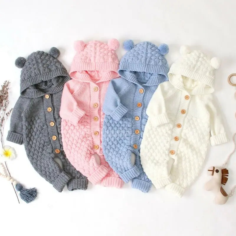 Citgeett Autumn Winter Newborn Baby Boys Girls Ear Knit Romper Hooded Wool Sweater Jumpsuit Warm Cute Outfit