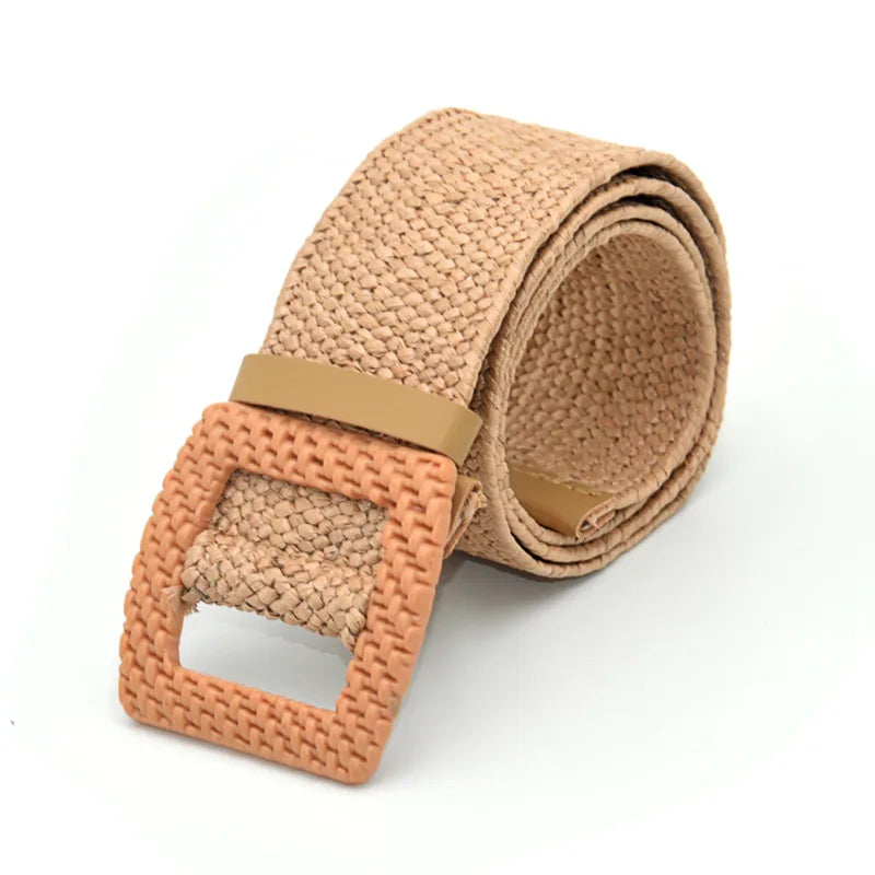 Hot Sale Vintage Boho Braided Waist Belt Summer Female Belt Round Square Leopard Wooden Buckle Fake Straw Wide Belts For Women