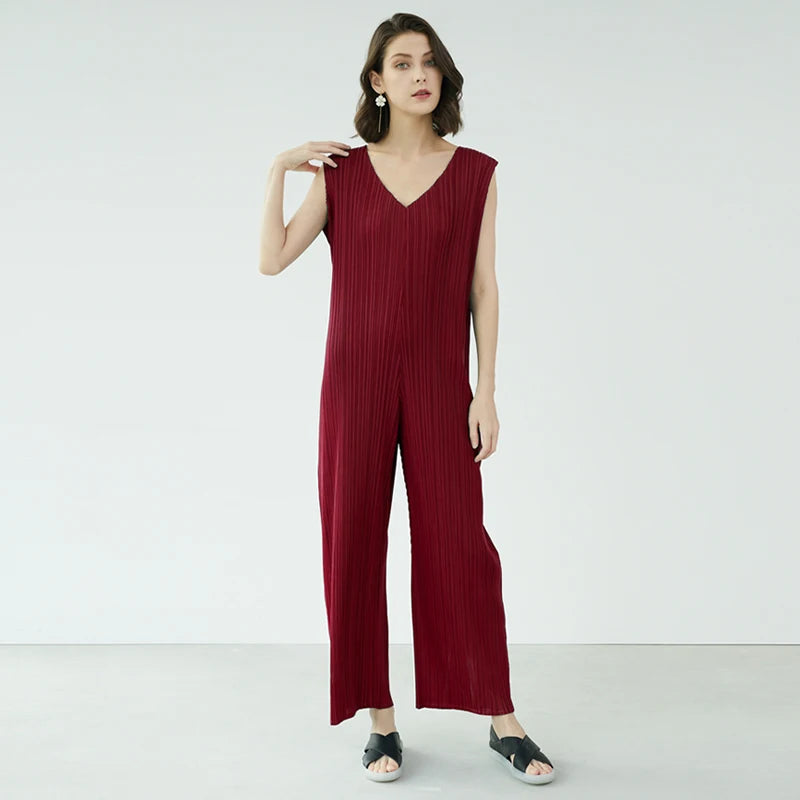 New Arrivals Summer Miyake Pleats Large Size Casual Loose V-neck Sleeveless Black Women Jumpsuit Bell Bottom Loose Dress