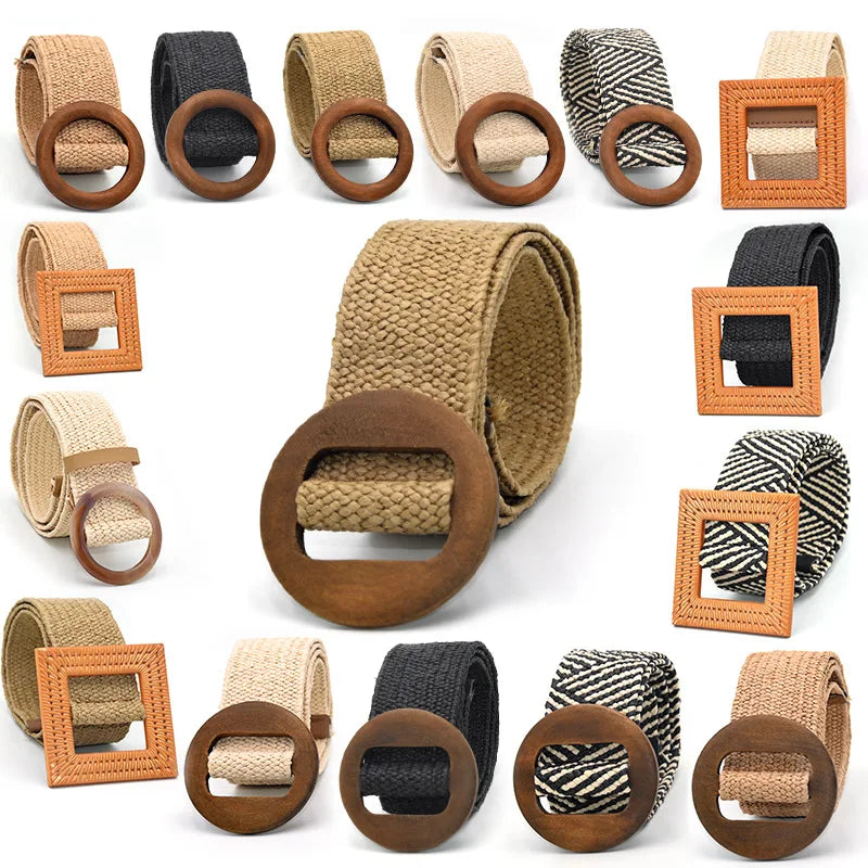 Hot Sale Vintage Boho Braided Waist Belt Summer Female Belt Round Square Leopard Wooden Buckle Fake Straw Wide Belts For Women
