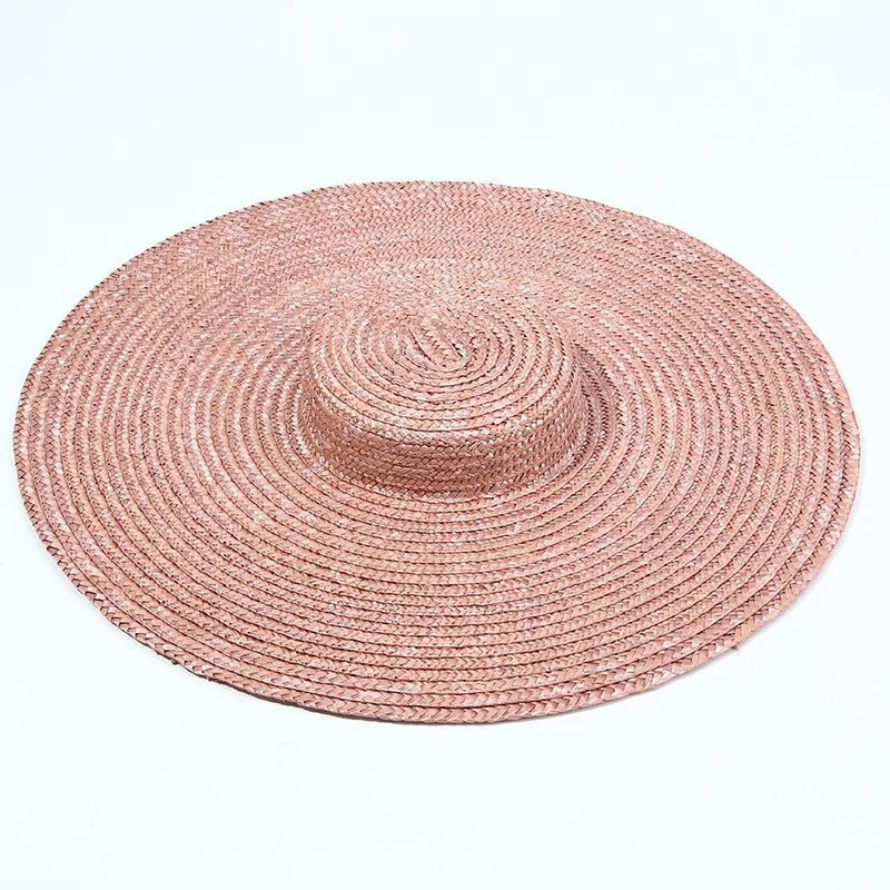 15cm Wide Brim Straw Hat Flat Top Summer Beach Hats for Women Ribbon Boater Hat Sun Hat Gray Black Red Pink Blue With Chin Strap