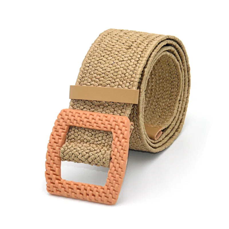 Hot Sale Vintage Boho Braided Waist Belt Summer Female Belt Round Square Leopard Wooden Buckle Fake Straw Wide Belts For Women