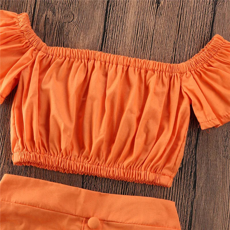 1-5Years Toddler Girls Orange Clothes Set  Off Shoulder Cropped Tops Ruffle Skirt Set For Girls Summer 2pcs Outfits