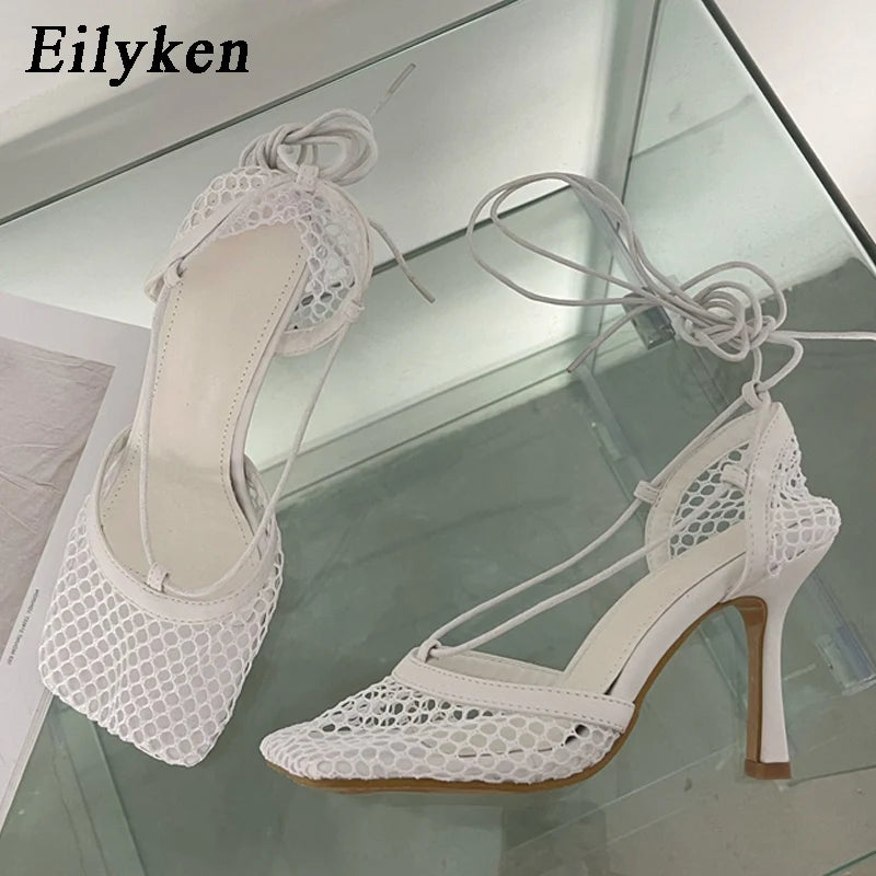 Eilyken Spring Mesh Casual Pumps Sandals Female Square Toe High Heel Lace Up Cross-tied Stiletto Hollow Dress Tacones De Mujer