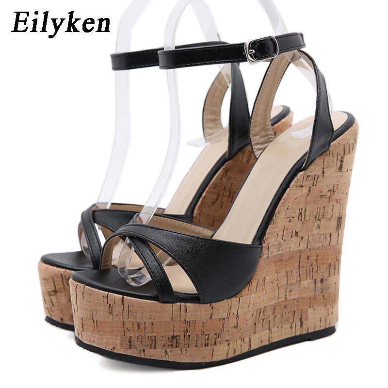 Eilyken Summer Women's High Heels Hollow Out Sandals Platform Buckle Wedges Front Open Toe Ladies Shoes Size 35-42