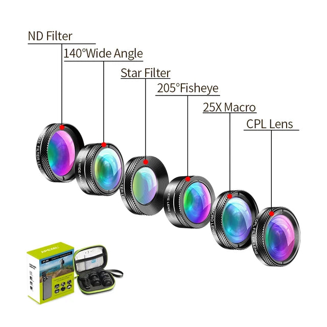 APEXEL 11 in 1 Phone Camera Lens Kit Fisheye Wide Angle Macro Lens CPL ND Filter Kaleidoscope and Telescope Lens for Smartphone