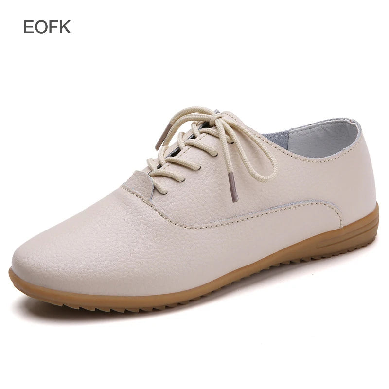 EOFK Spring Autumn Women Oxford Shoes Medical Casual Leather Ballet Flats Lace Up Soft Comfortable Ladies Derbys