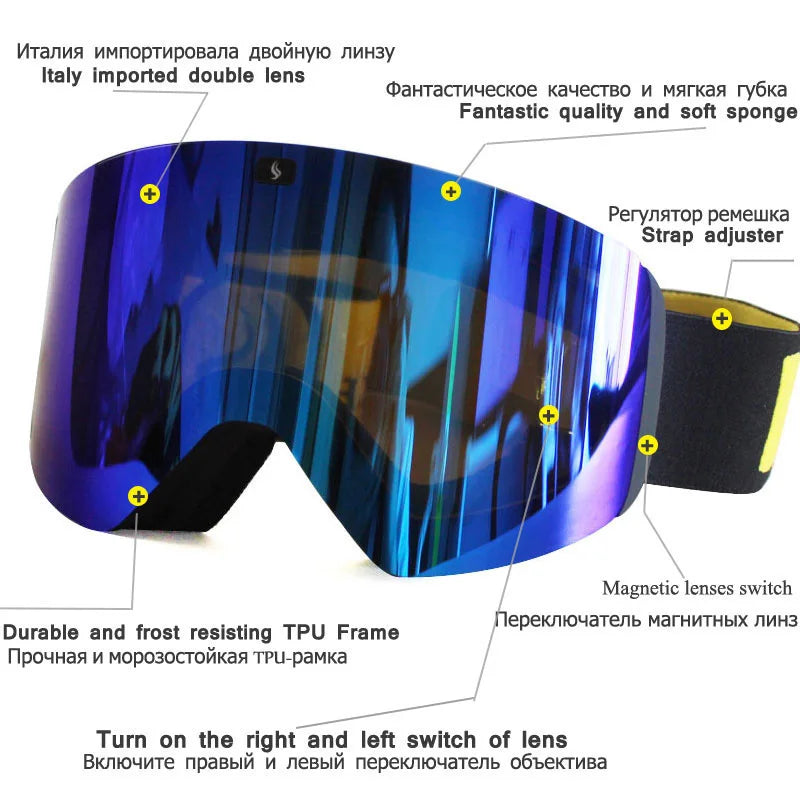 Magnetic Lens Ski Goggles Double Layer Polarized Lens Skiing Anti-fog Snowboard Goggles Men Clear Lens Ski Glasses Eyewear