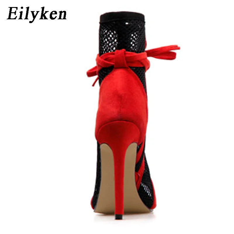 Eilyken Summer Zipper Boots Sandals Black Mesh Sexy Peep Toe Lace Up Women Shoes Stiletto High Heel 11.5CM Pole Dance Booties