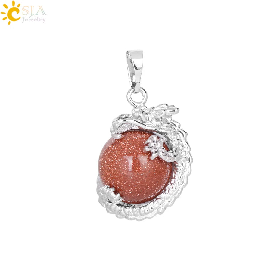 CSJA China Dragon Wrapped Unisex Jewelry Collection Natural Stone Ball Bead Pendant for DIY Handmade Necklaces Pink Crystal E852