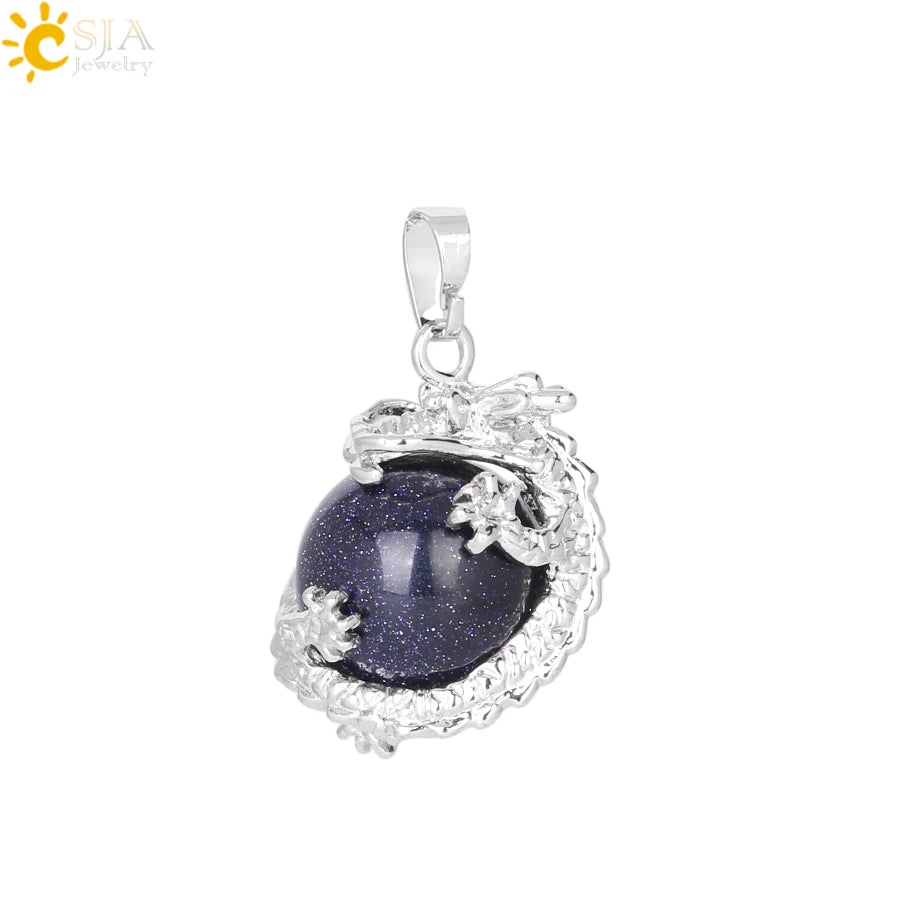 CSJA China Dragon Wrapped Unisex Jewelry Collection Natural Stone Ball Bead Pendant for DIY Handmade Necklaces Pink Crystal E852