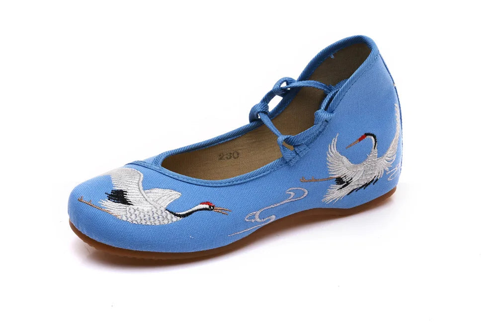 Veowalk Crane Embroidered Women Canvas Lace Strap Ballet Flats Ladies Comfortable Casual Cotton Fabric Shoes