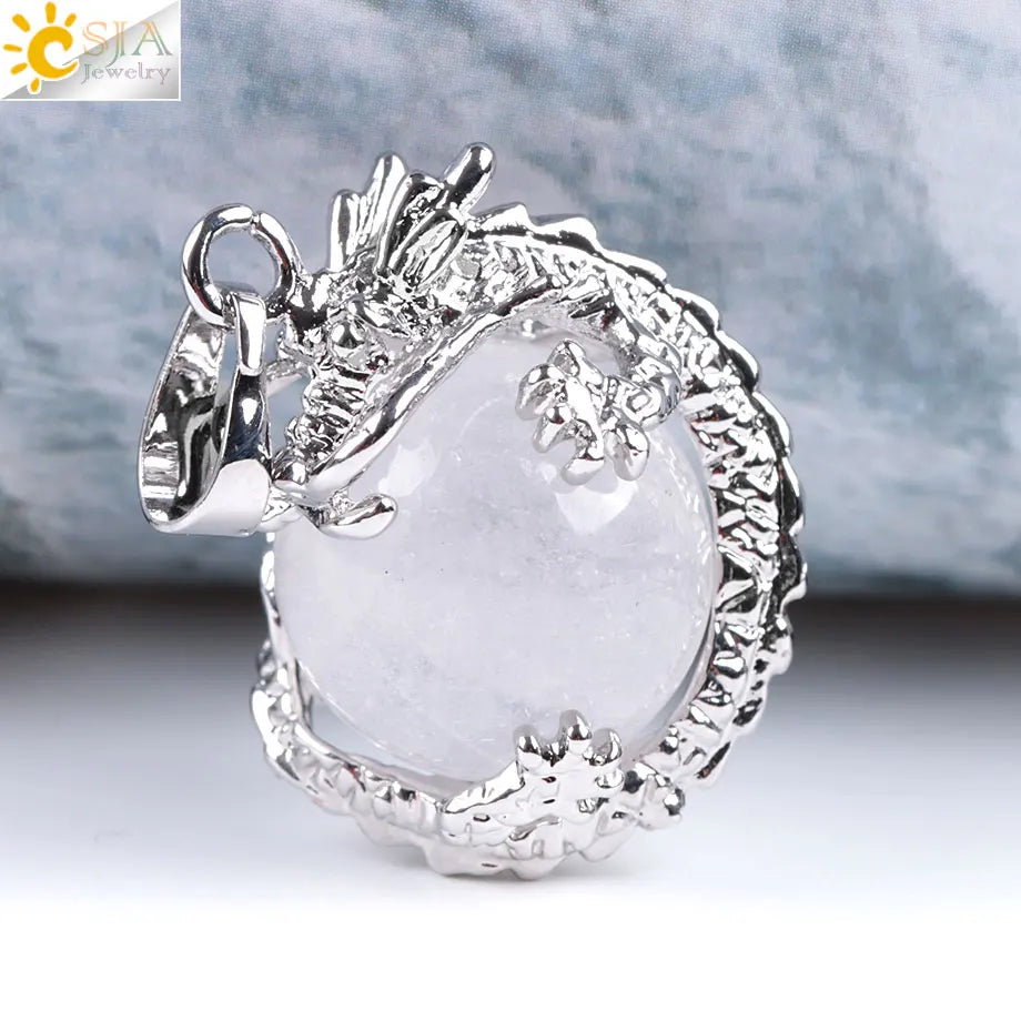 CSJA China Dragon Wrapped Unisex Jewelry Collection Natural Stone Ball Bead Pendant for DIY Handmade Necklaces Pink Crystal E852