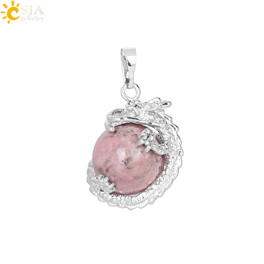 CSJA China Dragon Wrapped Unisex Jewelry Collection Natural Stone Ball Bead Pendant for DIY Handmade Necklaces Pink Crystal E852