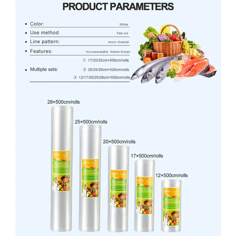 ATWFS Vacuum Sealer Bags for Food Saver Sealing Machine Plastic Storage Vacuum Bag Kitchen Packer Vacum Bag 3-5 Packaging Rolls