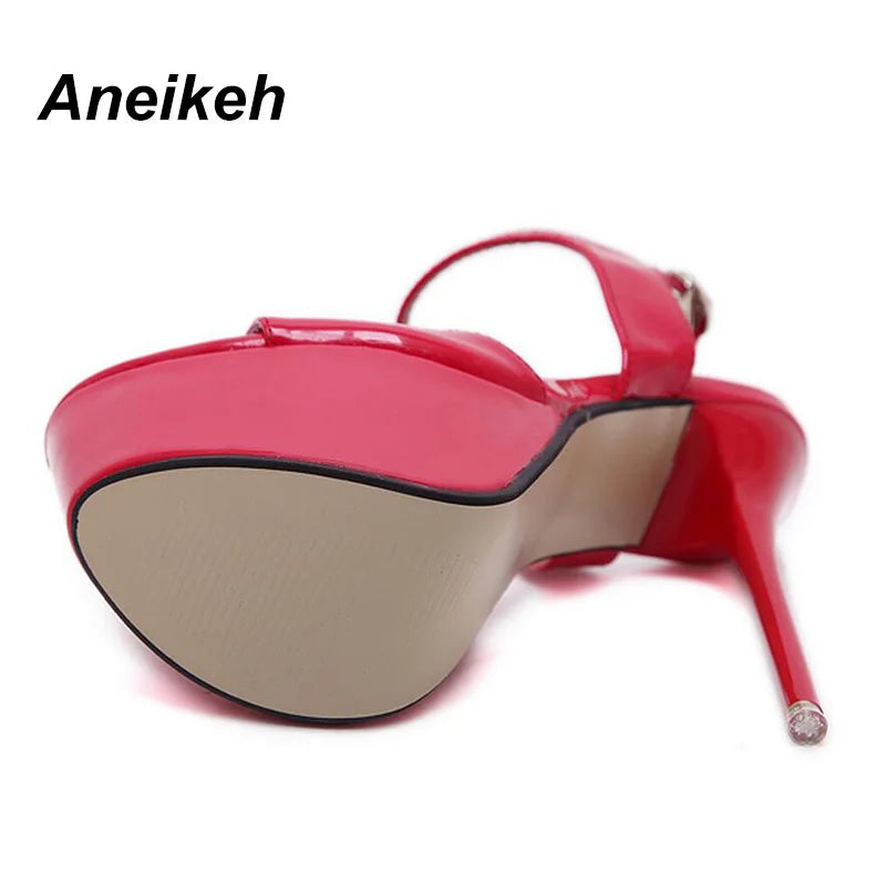 Aneikeh Hot Sales 2026 Summer Style Sexy 16cm Women Sandals High Heels Open Toe Buckles Nightclub Party Shoe Black Big Size 15
