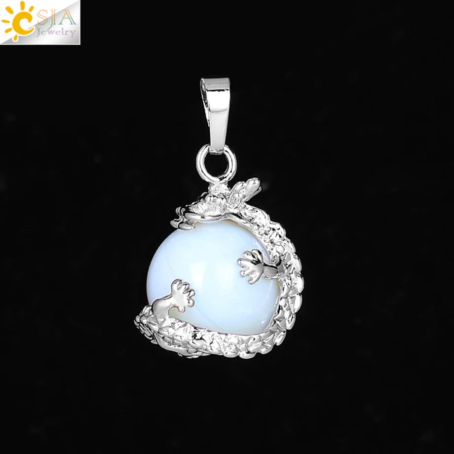 CSJA China Dragon Wrapped Unisex Jewelry Collection Natural Stone Ball Bead Pendant for DIY Handmade Necklaces Pink Crystal E852