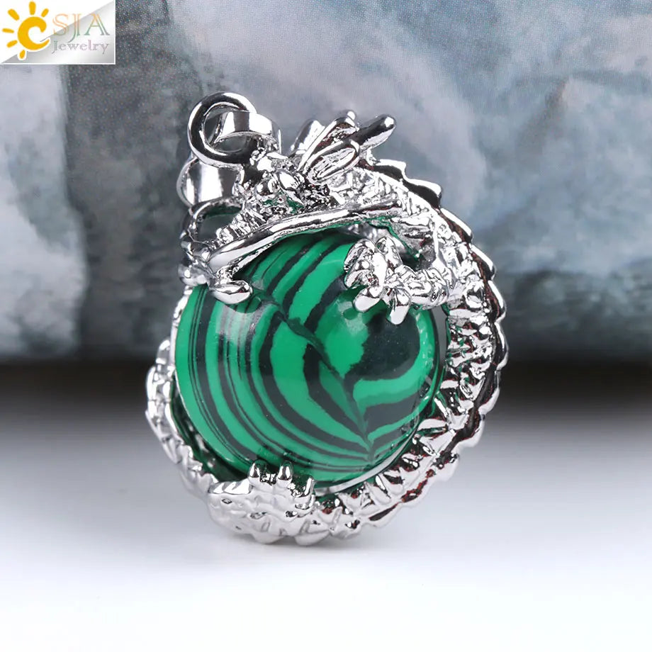 CSJA China Dragon Wrapped Unisex Jewelry Collection Natural Stone Ball Bead Pendant for DIY Handmade Necklaces Pink Crystal E852
